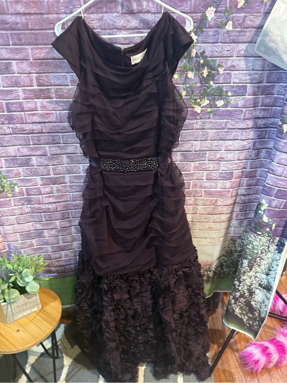 Beaded waist Dark Purple plum Layered Ruffle Prom Dress 18w worn for 2hrs only